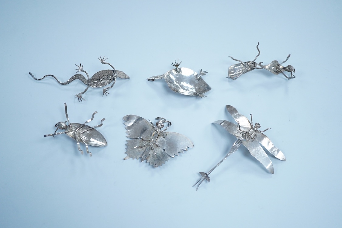 Six Thai or Malaysian white metal models of creatures, to include a Praying Mantis, height 45mm, a tortoise, a dragonfly, a butterfly, a lizard and a beetle.